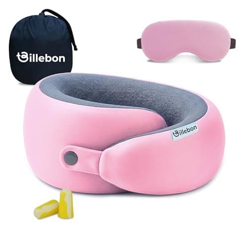 Billebon Ultrasoft Memory Foam Neck Pillow for Travel, Lightweight Comfortable & Breathable Cover, Airplane Travel Pillow Combo with Premium Eye Mask and Carry Bag. (Pink)