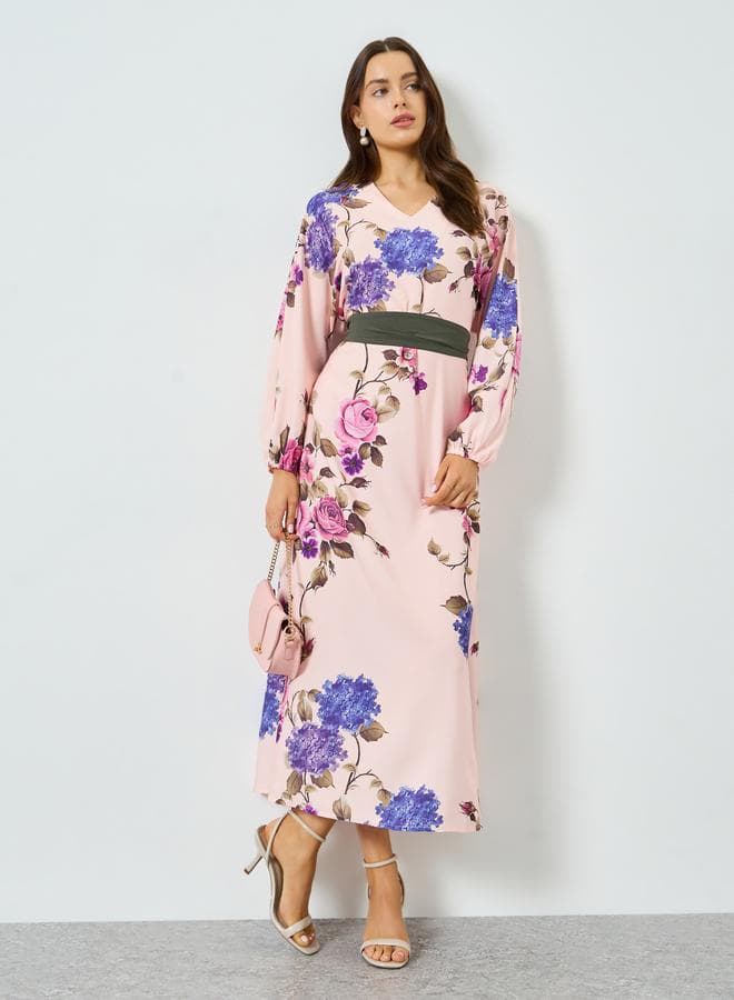 Floral Print Balloon Sleeve Belted Maxi Dress