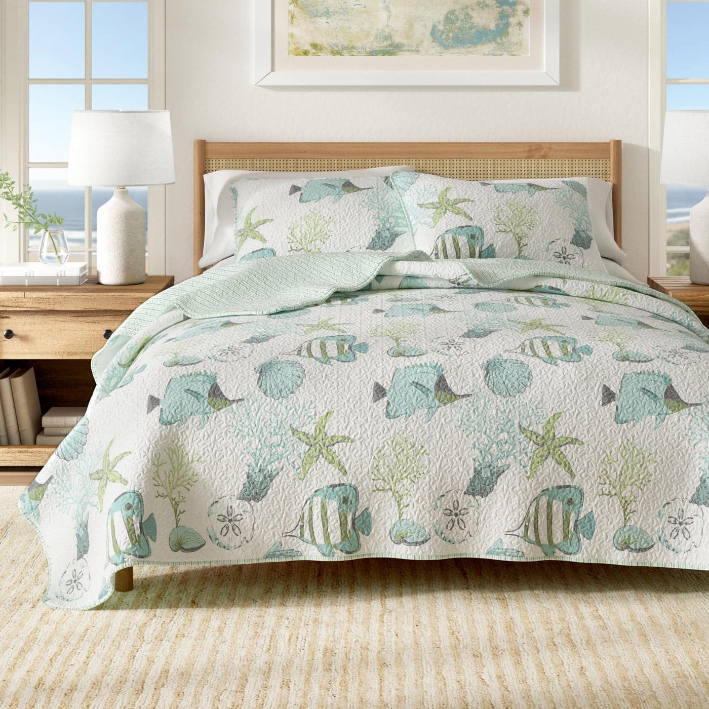 Full Queen Coastal Quilt Bedding Set Summer Coastal Quilt with Shams Beach 3Piece Reversible All Season Bedspread Quilt Set Lightweight Nautical Quilted Coverlet Seaside Collection Blue Fish