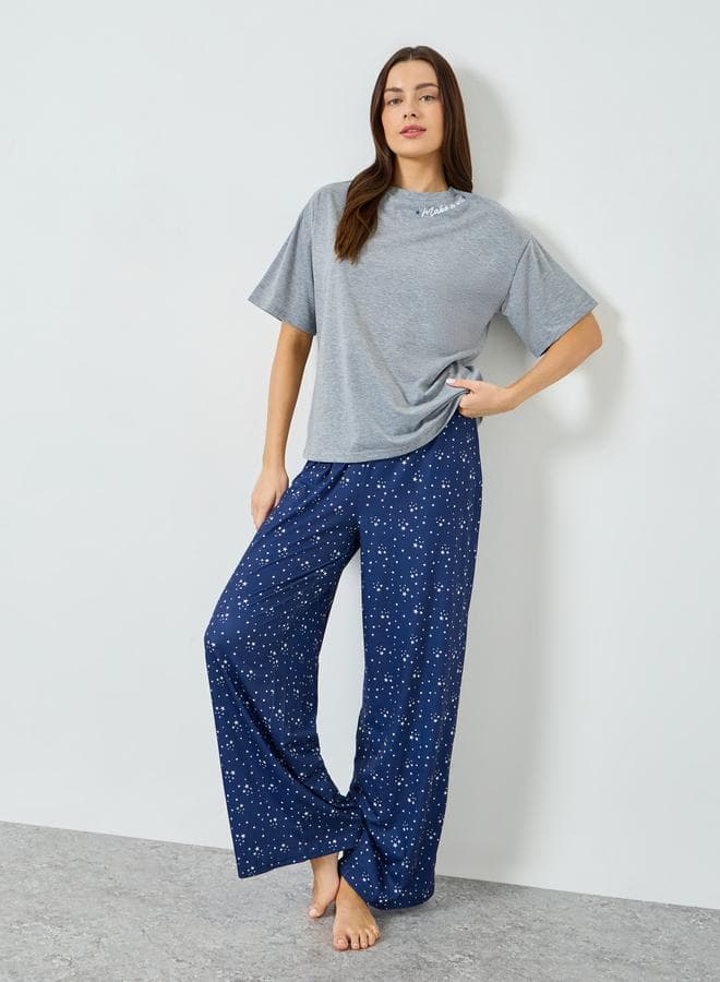 Make A Wish Neck Slogan T-Shirt and Star Print Pyjama Set