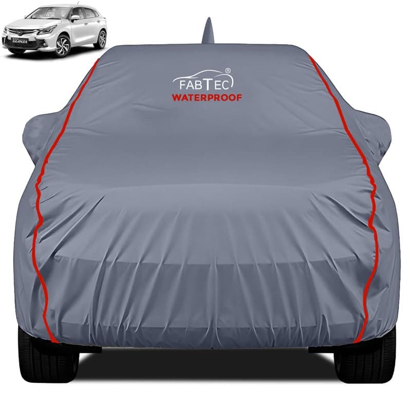 FABTEC Waterproof Premium Car Cover for Toyota Glanza New with Mirror and Antenna Pocket Super Waterproof Car Body Cover Heavy Duty Durable Peva Grey with Red Piping