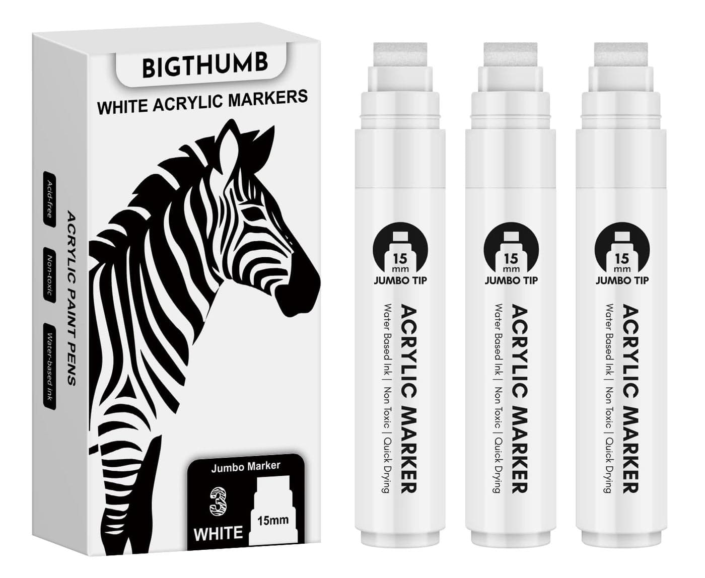 BIGTHUMB Thick White Jumbo Poster Markers 3 Pcs 15mm Wide Tip Large Acrylic Paint Pens Big Permanent Markers Calligraphy Marker for Rock Painting Sign Canvas Glass Wood Ceramic