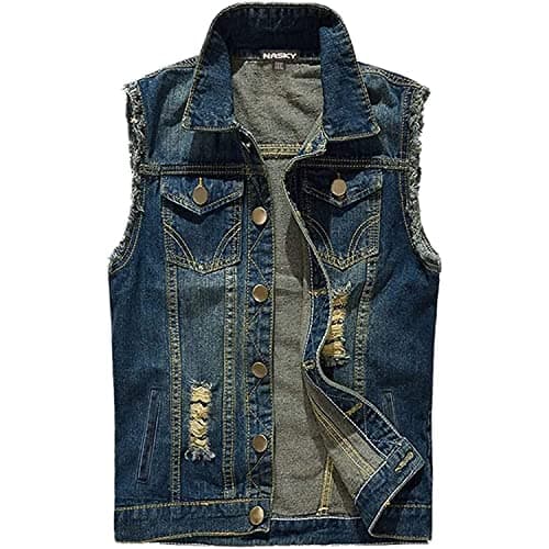 NASKY Men's Fit Retro Ripped Denim Vest Sleeveless Lapel Jean Vest Jacket Waistcoat Top(Medium,Dark blue)
