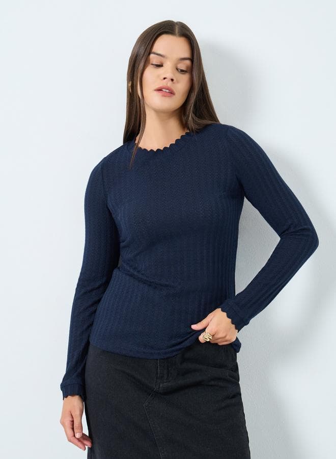 Navy Textured Knit Top with Scalloped Neck