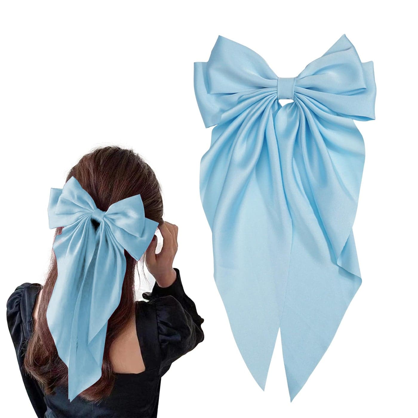 Jumbo Silky Satin Bow Hair Clip with Long Tails for Women and Girls Bowknot Barrette Large Metal Hair Slide Clips and Hair Pins Accessories Light Blue