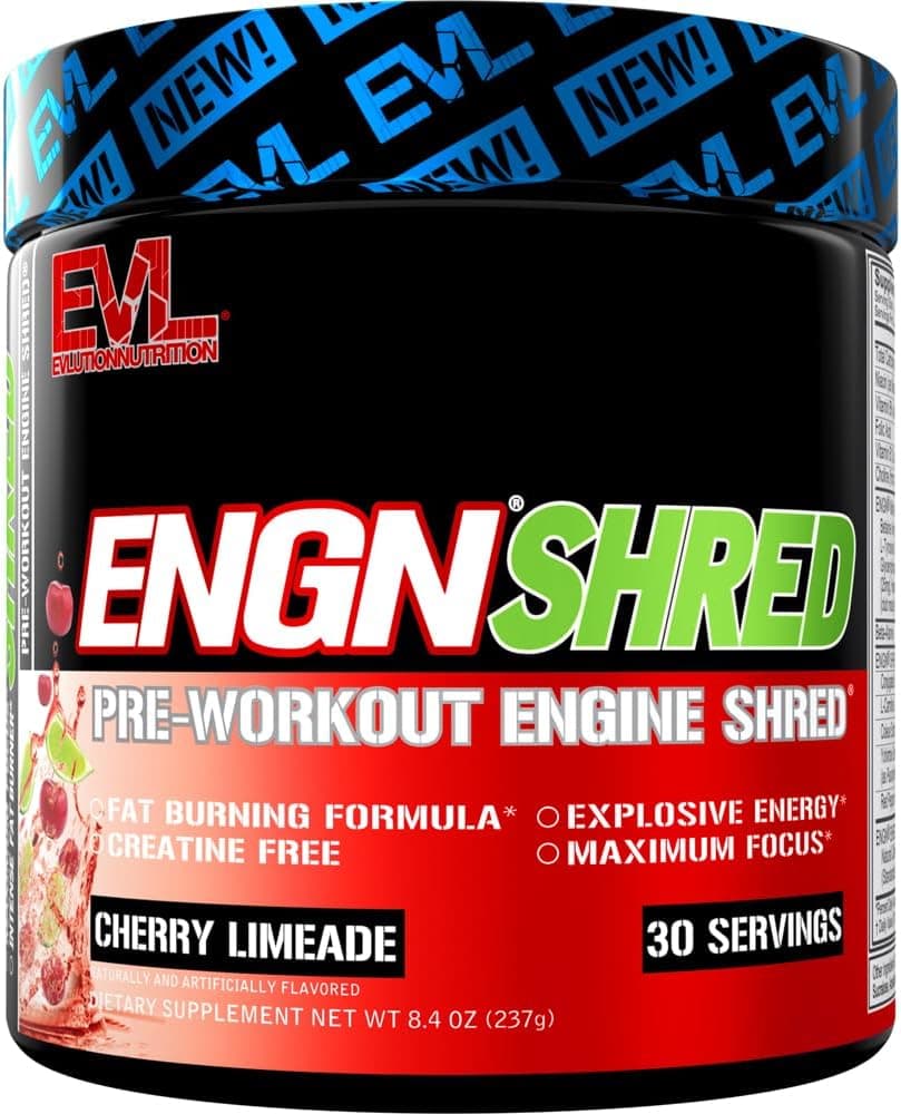 EVL Ultimate Pre Workout Powder Thermogenic Fat Burner Preworkout Powder Drink for Lasting Energy Focus and Stamina ENGN Shred Intense Fat Burning Creatine Free Preworkout Drink Cherry Limeade