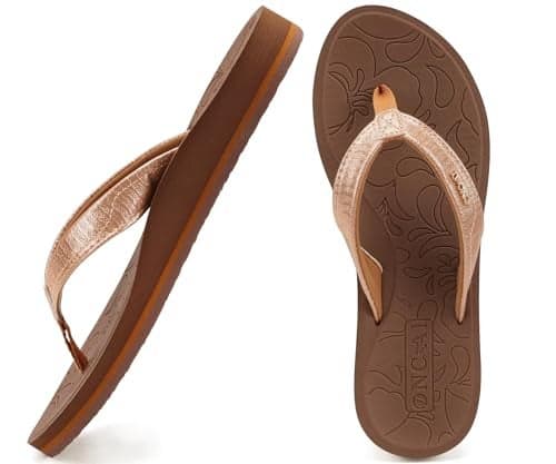 ONCAI Women's Flip Flops Comfortable Summer Beach Thong Sandals for Women 2025 with Cushion Walking Arch Support Yoga Mat Indoor Outdoor Soles Brown Size 8.5