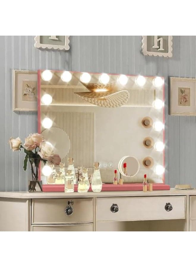 Ratsamee Pink Hollywood Vanity Mirror with Lights 15 Dimmable Bulbs 3 Color LightsMake Up Lighted Mirror Aluminum Metal Frame USB Charging Port23 x 18