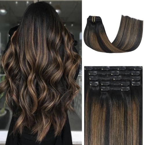Honsoo Clip in Hair Extensions Real Human Hair Real Human Hair Balayage Hair Extensions Natural Black to Chestnut Brown 22inch 70g 7pcs Straight Silky Hair Extensions For Women Natural Hair