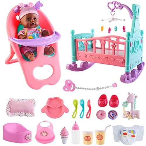 deAO Black Baby Doll Set Mobile High Chair Stroller Feeding Accessories 21 Piece Play Set Doll Included