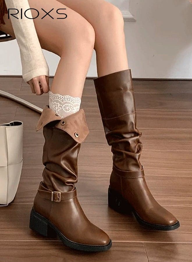 Womens Knee High Boots, Classic Leather Tall Riding Riding Boots for Ladies, Square Toe Low Chunky Heel Chukka Boots, Fashion Fall Winter Combat Booties Buckle Style Pull On Dress Boots for Travel Dating Masquerade, Brown