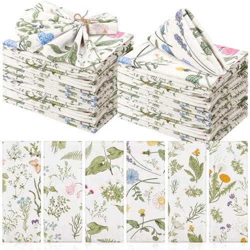 Funnymoom 36 Pcs Herbs and Wild Flowers Cloth Napkins Floral Plants Reusable Napkins Country French Toile Dinner Soft Absorbent for Summer Holiday Party