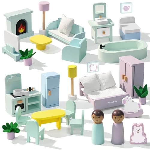 Pillowhale Wooden Dollhouse Furniture Set36Piece Dollhouse Furniture Accessories for 6 RoomsInteractive Pretend Play Furniture Toys Gift for Kids Age 3