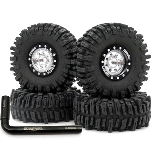 HOBBYSOUL RC 64mm 10 Mud Slingers Tires Tyres Metal 10 beadlock Wheels Adjustable Offset Rims 118 124 Tires Wheels for RC Rock Crawler 118 TRX4M 124 SCX24 FCX24