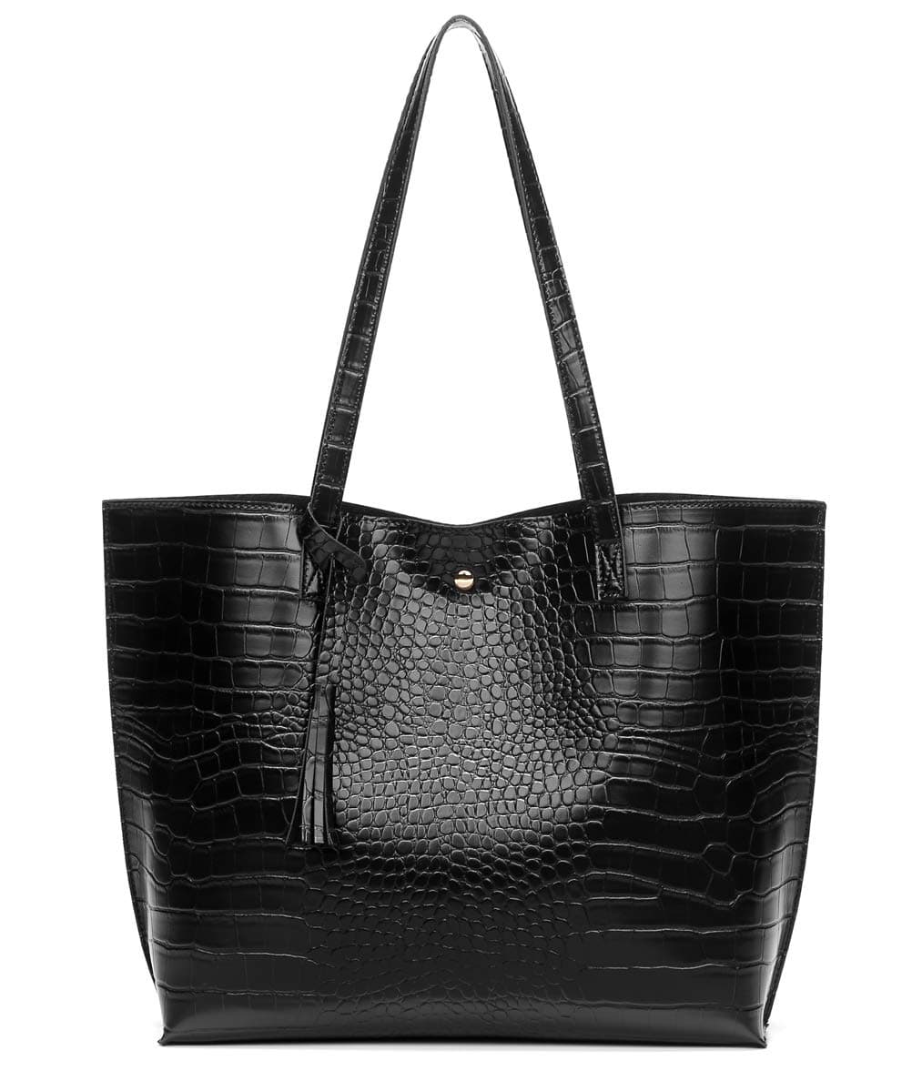 Dreubea Womens Soft Faux Leather Tote Shoulder Bag from Big Capacity Tassel Handbag Blackcro