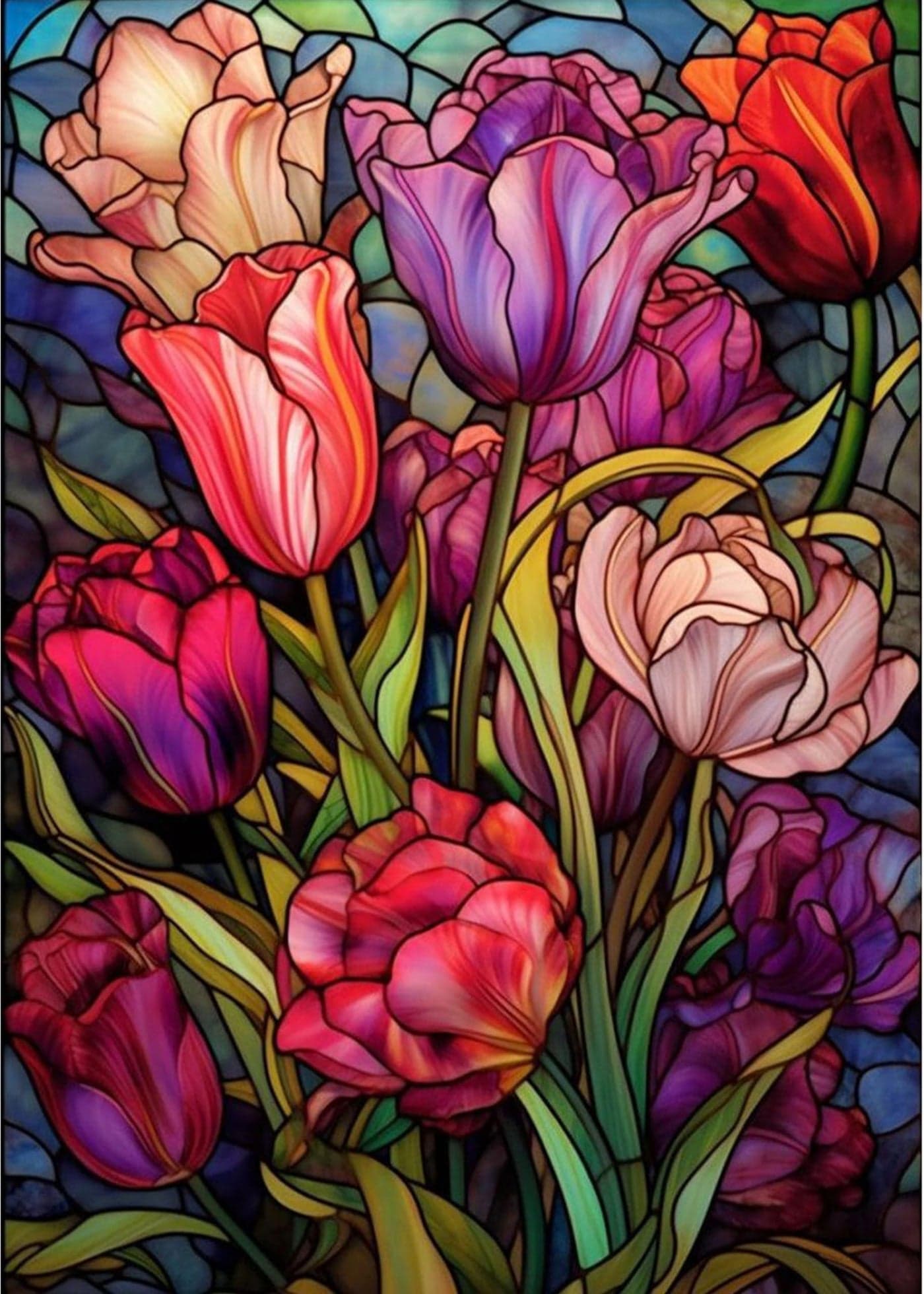 Tulips Diamond Art Painting Kits for Adults Stained Glass Flower Round Full Drill Diamond Dots Paintings for Beginners 5D Paint with Diamonds Pictures Gem Art Painting Kits DIY Crafts Project