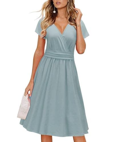 OUGES Women's 2024 Summer Short Sleeve V-Neck Wrap Casual Party Dress with Pockets(Blue,M)