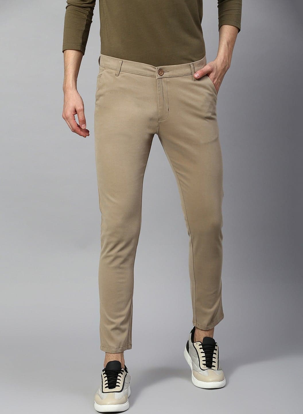 Men's Tapered Fit Walnut Cotton Chinos - Mid-Rise, Full Length, Button & Zip Closure