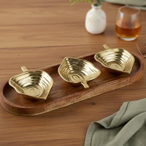 The Earth Store Golden Leaf Ceramic Platter Set of 3 Small Leaf Platter and 1 Wooden Large Tray | Perfect for Serving Nuts, Dry Fruits, Snacks, Sweets & Appetizers
