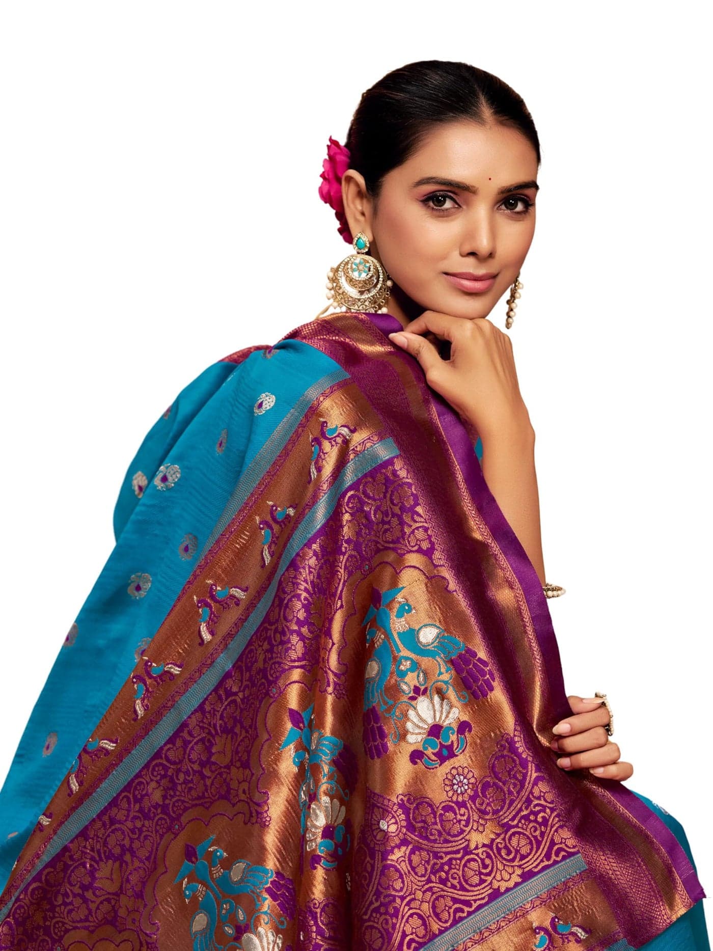 EthnicJunction Women's Silk Blend Woven Paithani Saree With Blouse Piece (Sky Blue & Wine)