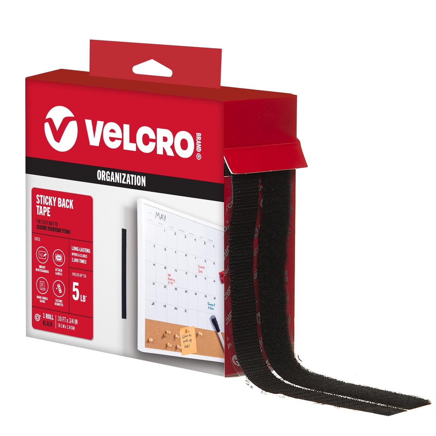 VELCRO Brand 30 ft Sticky Back Hook and Loop Fasteners Peel and Stick Permanent Adhesive Tape Keeps Classrooms Home and Offices Organized CuttoLength Roll 34 in Wide Black 91137