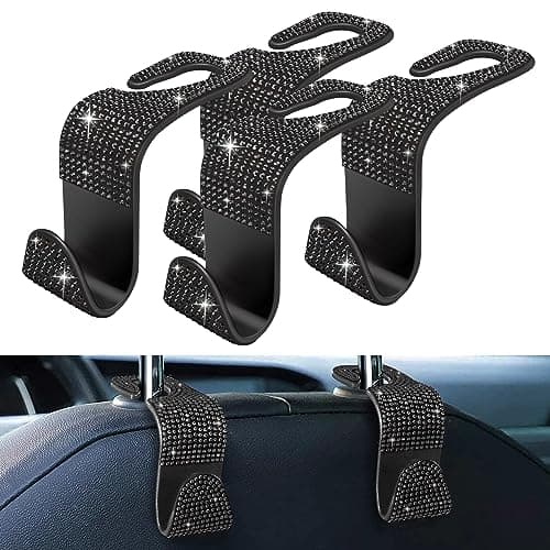 MEALAM 4 Pack Blink Diamond Car Seat Headrest Hooks Crystal Rhinestone Car Purse Holder Universal Interior Accessories for Handbags Water Bottles Coats Umbrellas Black