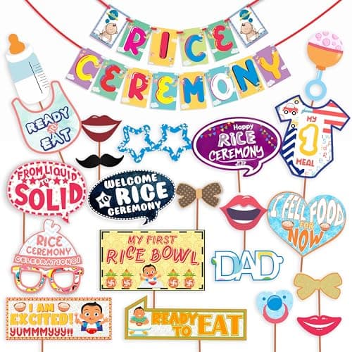 WOBBOX Annaprashan Party Props with Rice Ceremony Cloud Background Multi Color Font Bunting Banner, Annaprashan Party Decoration (23 Pcs Combo)
