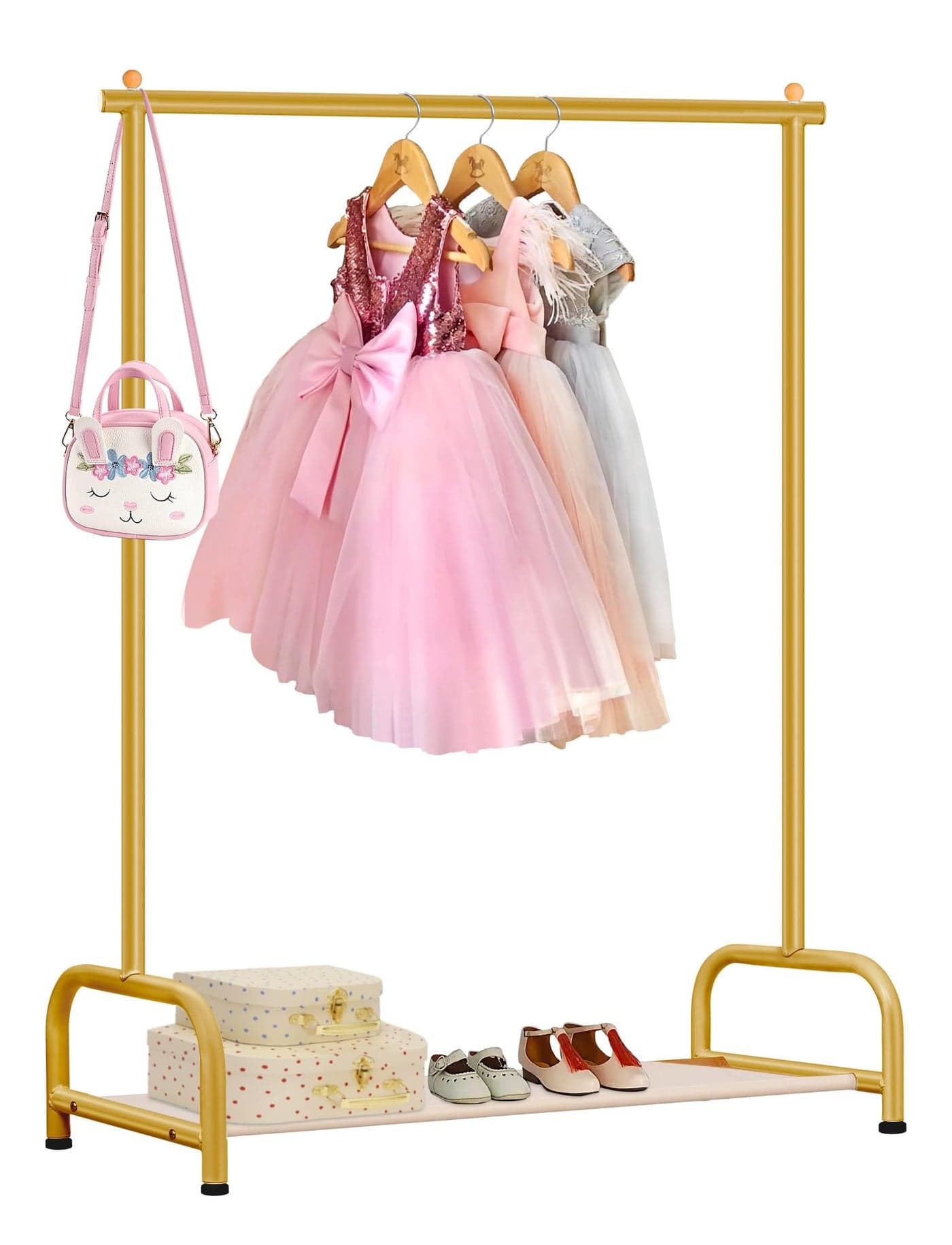 SLEEPING LAMB Baby Clothing Rack Small Kids Clothes Rack with Bottom Storage Shelf Child Clothes Hanger Rack for Coats Metal Dance Costume Garment Rack for Hanging Clothes Gold