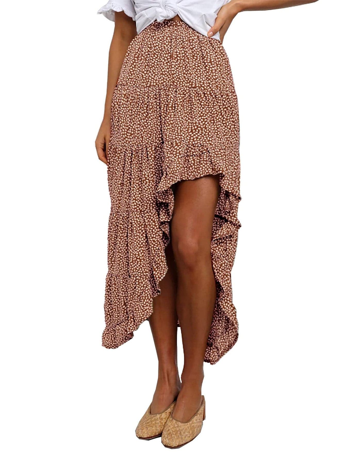 BTFBM Women 2025 Summer Spring Boho Long Skirts Dress Floral Print Elastic Waist Split Ruffle High Low Beach Maxi Skirt(Brick Red, X-Large)