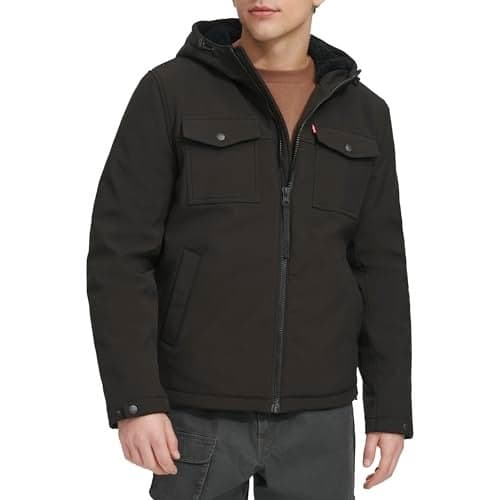 Levi's Men's Soft Shell Two Pocket Sherpa Lined Hooded Trucker Jacket, Black Tech, X-Large