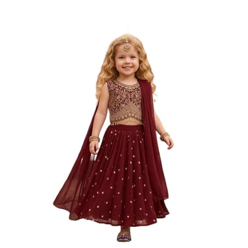 A.T.U.N. (ALL THINGS UBER NICE) Zardozi Thread Work Embroidered 3 Piece Crinkled Lehenga Set with Dupatta and Padded Choli Top for Girls | Designer Festive Ethnic Wear Outfit