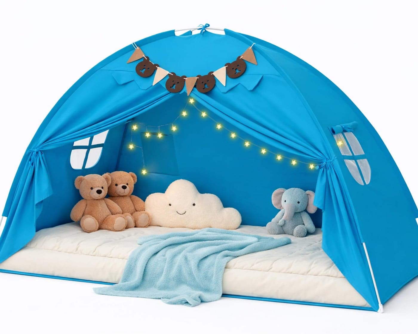 Twin Bed Tent for Kids, Bed Tent Canopy Sleeping Tent Privacy Space Dream Playhouse with Stars Light & Flags, Toddler Indoor Floor Play Tent for Boys & Girls, Birthday Children‘s Gift, Blue