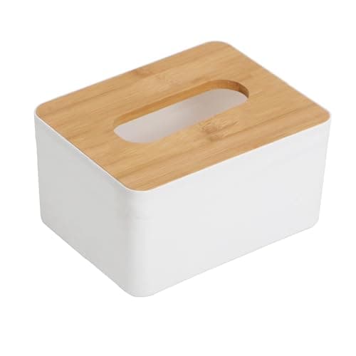 HOKIPO Bamboo Cover Plastic Tissue Box Holder | Tissue Paper Holder Box Case | Tissue Holder Dispenser Organizer for Car Decor Home, 16.5x13x9 cm (AR-5292)