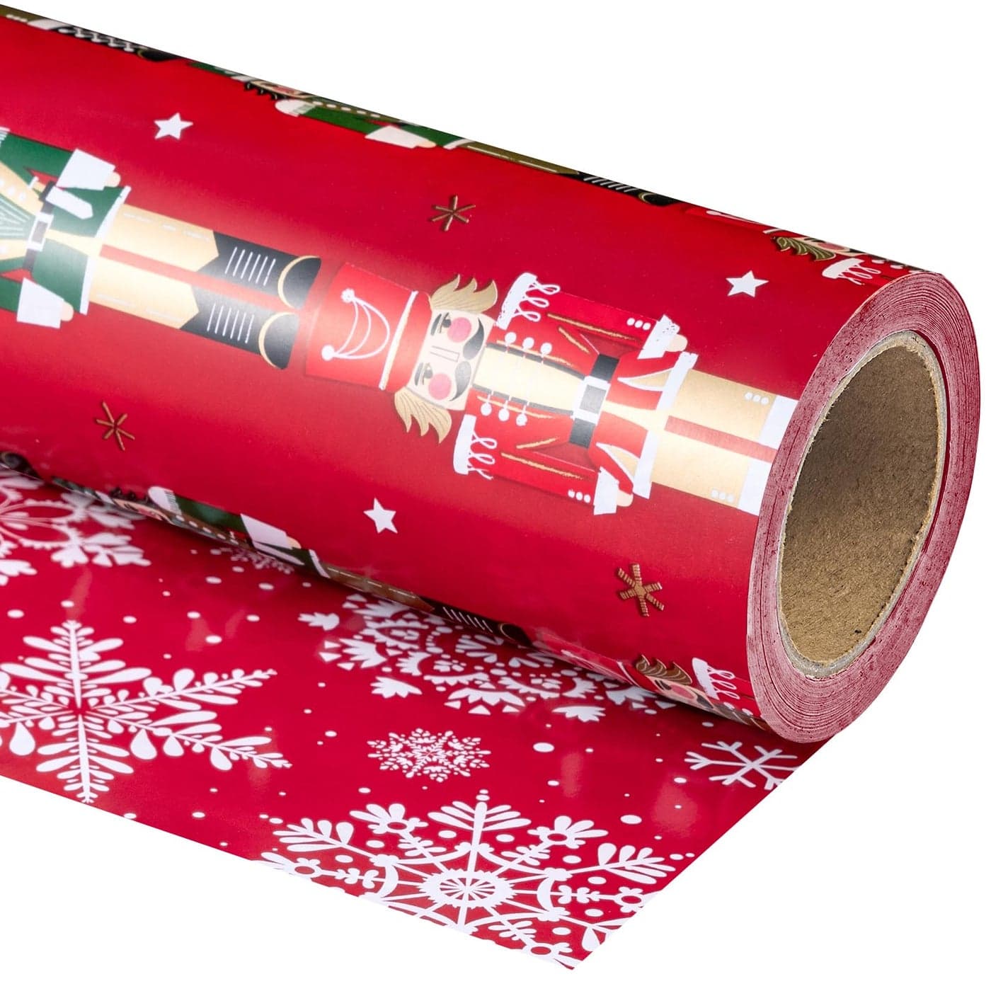 WRAPAHOLIC Reversible Nutcracker Christmas Wrapping Paper Mini Roll 17 Inch x 33 Feet Red Nutcracker and Snowflake Wrapping Paper for Christmas Holiday Party