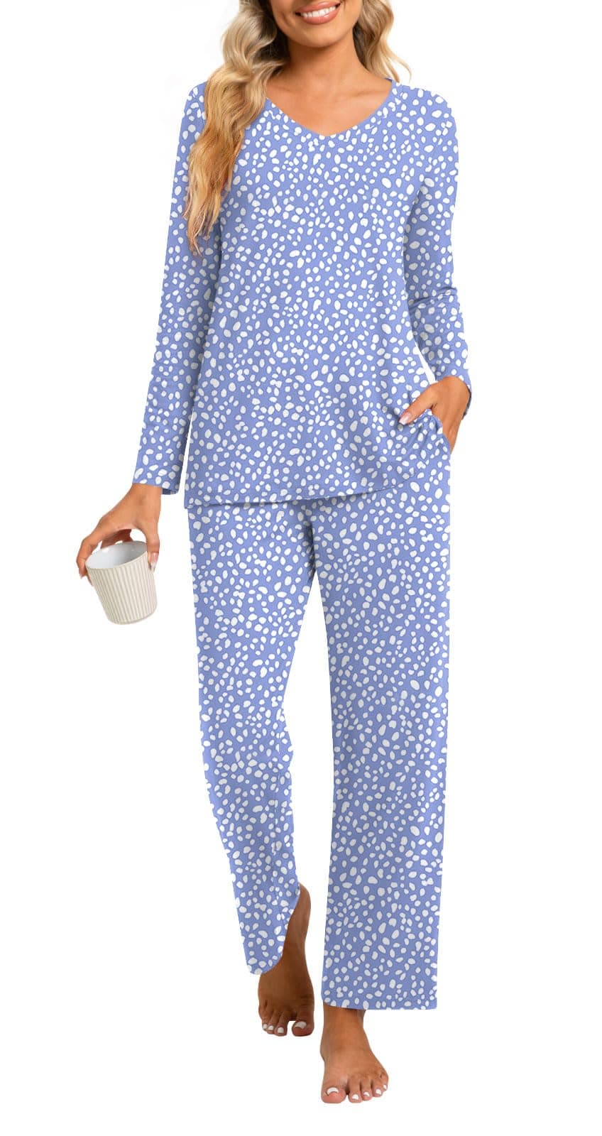 syoss Womens Pajamas Set 2 Piece Fall Long Sleeve Lounge Sleepwear Ladies Pjs Sets with Pockets L, Spotted Blue