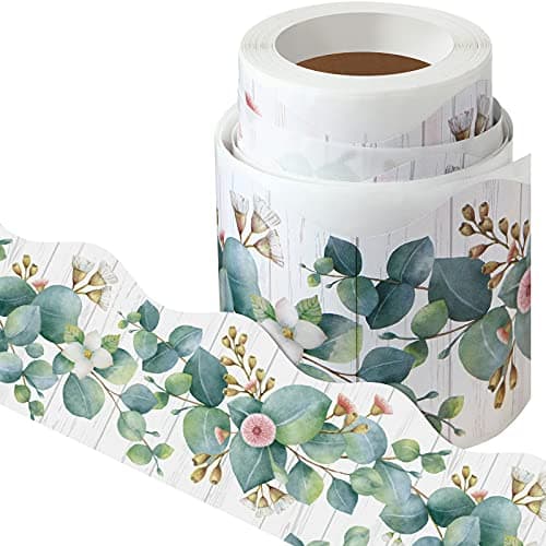 Tenare Self Adhesive Eucalyptus Bulletin Board Borders for Spring Classroom Decorations 49.2 ft Eucalyptus Die-Cut Leaves Trim Boarders for Bulletin Board Office Chalkboard Decors