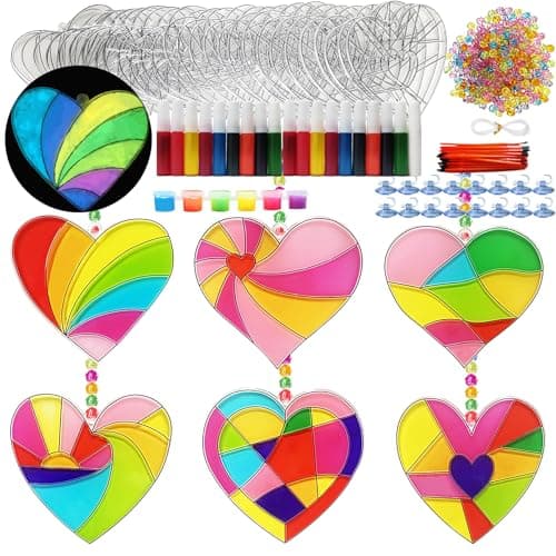 Ayhuhra 30 Sets Valentines Heart Suncatchers for Windows Glow in The Dark Valentines DIY Window Paint Art Suncatchers for Valentine's Day Gift Exchange Mother's Day Art Craft Party Supplies