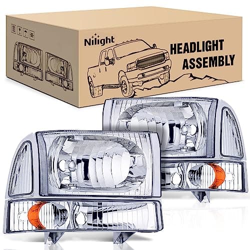 Nilight 1999 2000 2001 2002 2003 2004 F250 F350 F450 F550 Super Duty Headlight Assembly,Chrome Housing Amber Corner Clear Lens,Headlights Replacement,Driver and Passenger Side