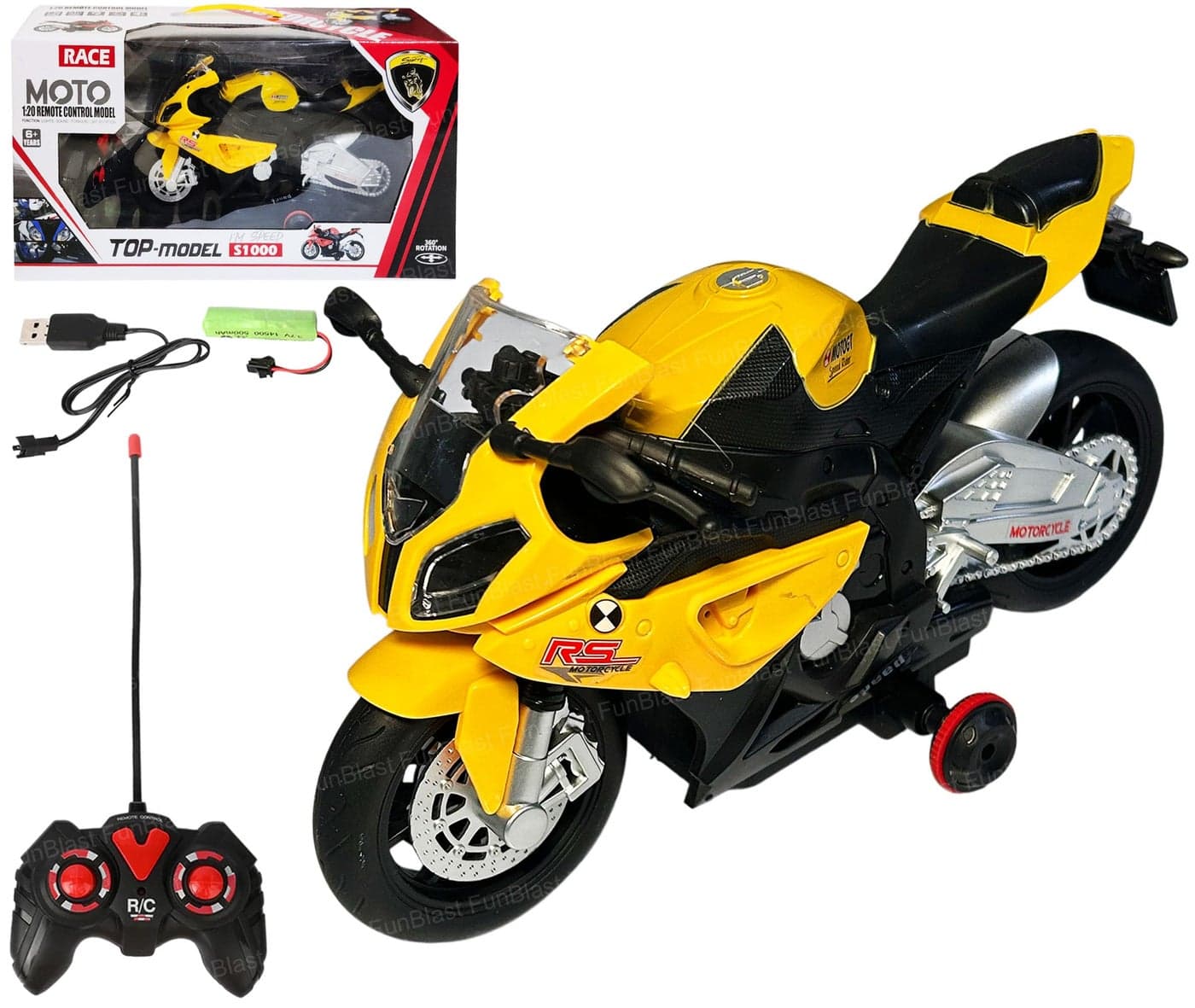 FunBlast Remote Control Motorcycle Toy for Kids – 1:20 Scale RC Bike with Lights, Sounds & 360° Rotation, Rechargeable Racing Motorbike with Rider for 3+ Year Old Boys & Girls (Yellow)