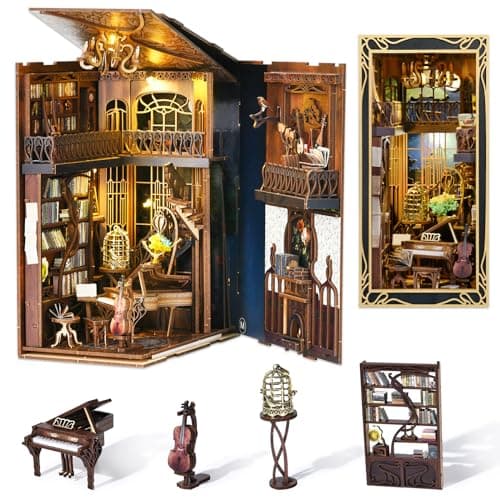 CCCDF Book Nook Kit DIY Miniature Dollhouse Booknook Kit 3D Wooden Puzzle Bookend Bookshelf Insert Decor with LED Light for Teens and Adults Pianist with Nightingale
