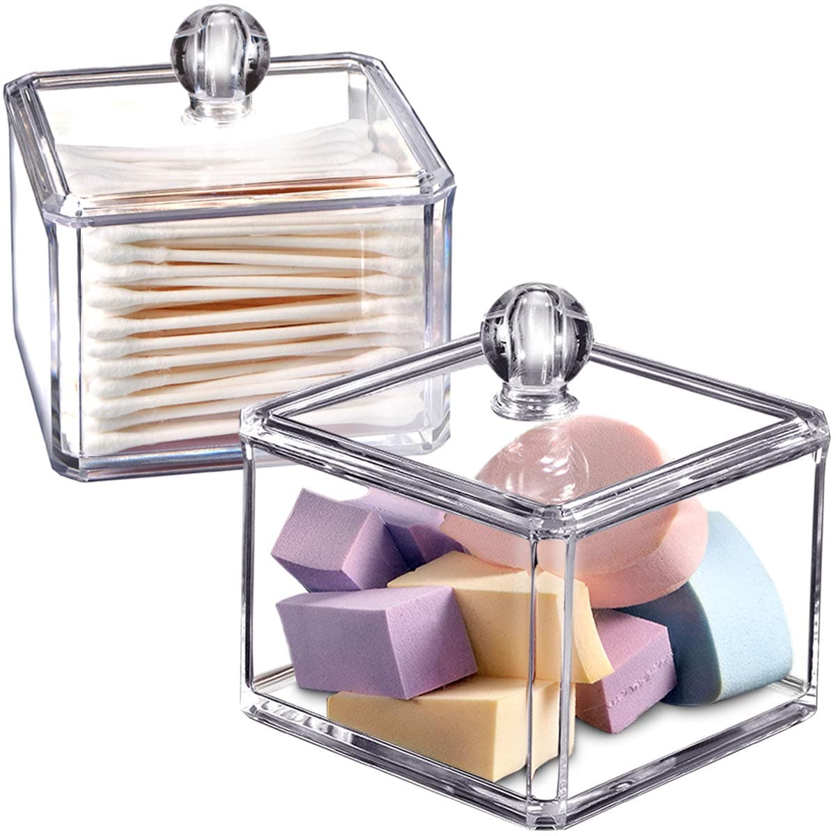 Modern Square Qtip Holder Acrylic Bathroom Vanity Countertop Storage Organizer Canister Jar for Cotton Swabs Rounds Balls Makeup Sponges Bath Salts 2 Pack Clear
