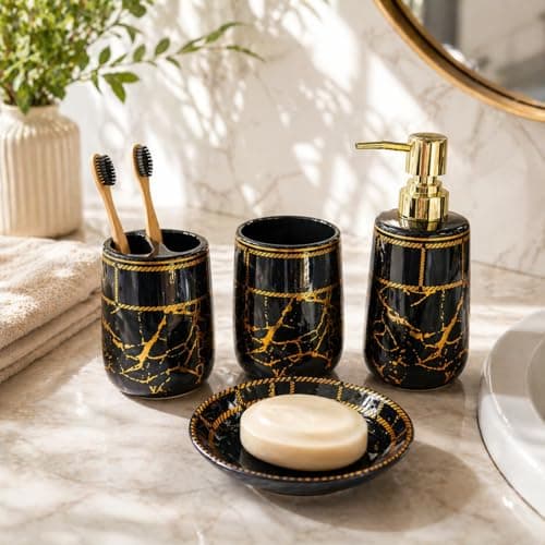 Whizzo® Ceramic Premium Bathroom Accessories Set Ceramic - 4 Pieces Bathroom Accessories Set Soap Dispenser, Toothbrush Holder, Tumbler, Soap Dish, The Best Gifting Choice (WZ-BS-796-Black)