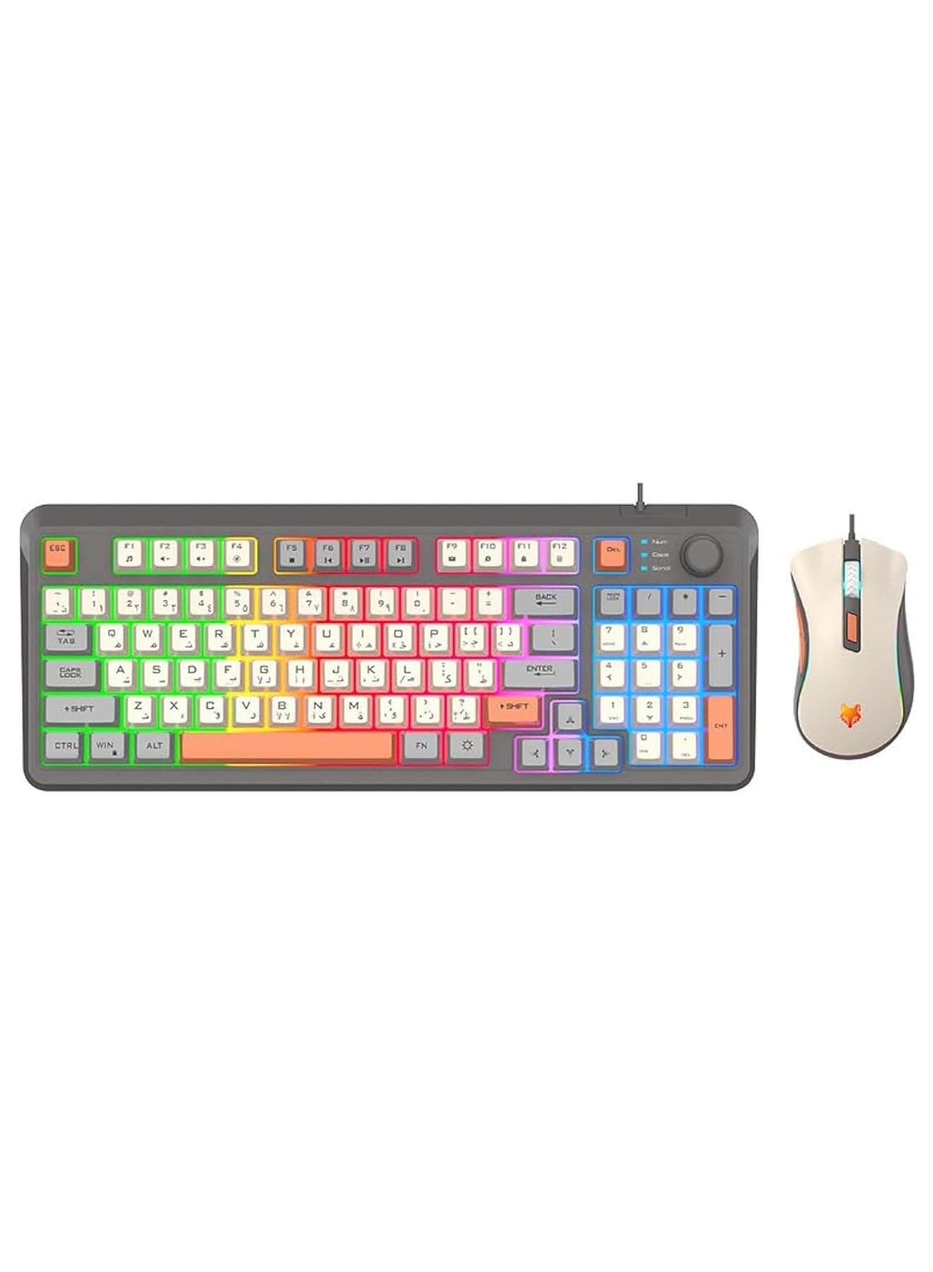 【Upgraded】 Wired English Arabic Gaming Keyboard and Mouse Set, Silent Keyboard with Adjustable RGB Rainbow Backlit and Independent Volume Adjustment Knob Keyboard and Mouse for Games (Gray)