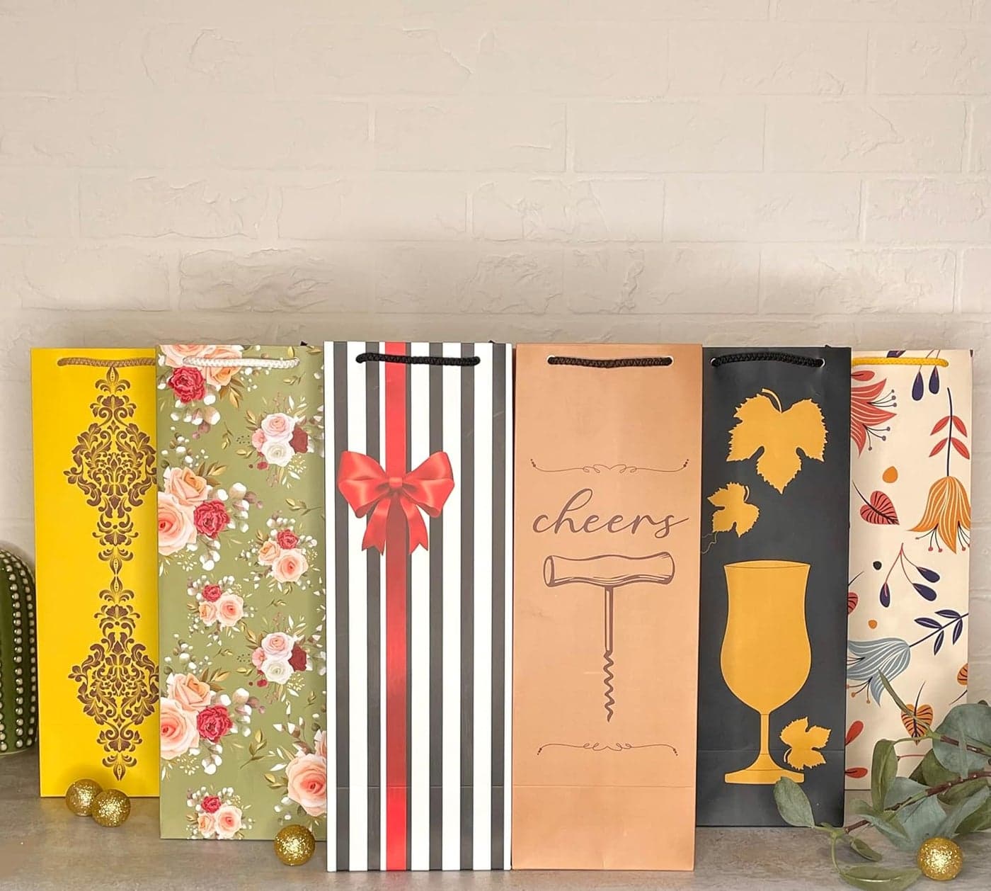 Dovetail Wine & Bottle Gifting Paper Carry Bags, In Elegant & Attractive Designs, Gifting For All Occasions, Parties - Diwali, Christmas, Anniversaries. House Warming, Size 14X5 Inchs, 250 GSM Art Card, 2 Bags Each of 6 Designs