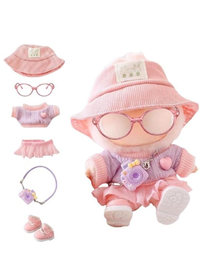 Labubu 1/2/3 Generation Doll Outfit Set with Pink Ribbed Hat, Purple Knitted Sweater, Ruffled Skirt, Mini Camera, Pink Shoes