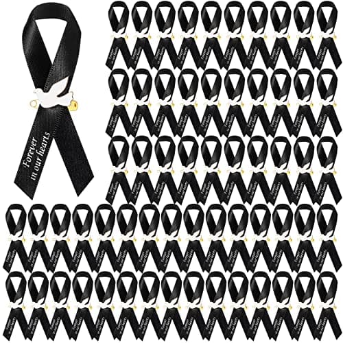 50 Pcs Dove Funeral Ribbons Memorial Ribbon Funeral Pins Classic Memorial Service Respect Ribbon Bow with Safety Pins and Dove for Mourning Remembrance Day EventBlack