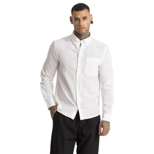 SNITCH Men's Plain Shirts | Beach Wear| Resort Wear Streetwear Style | Linen Blend Button Down Full Sleeve Slim Fit White