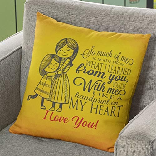 YaYa Cafe 12x12 inches Poly Satin Cushion (with Filler) Mom You are a Handprint on My Heart Printed Birthday Mom Throw Pillow Sofa - Yellow