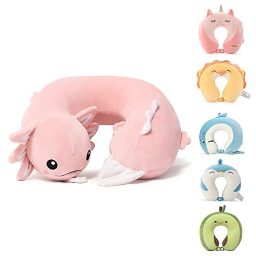 Niuniu Daddy Axolotl Kids Travel Pillow Road Trip Essentials for 9-12 Years Old - Soft Memory Foam Kids Neck Pillow for Airplane Travel Sleeping Essentials- Luminous Cervical Neck Pillow for Adults