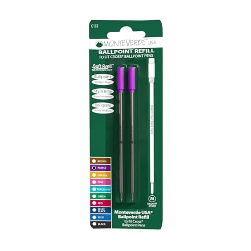 Monteverde Ballpoint Refill to Fit Cross Ballpoint Pens, Medium Point, Soft Roll, Purple, 2 per Pack (C132PL)